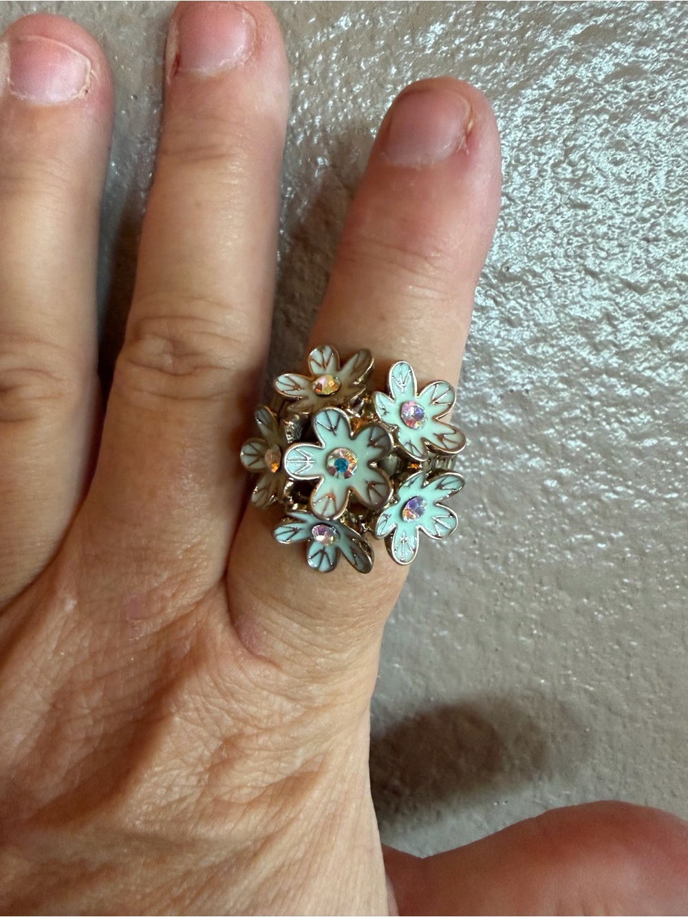 Floral Cluster statement stretch Ring with Pale Blue Enamel and Pink Crystals
